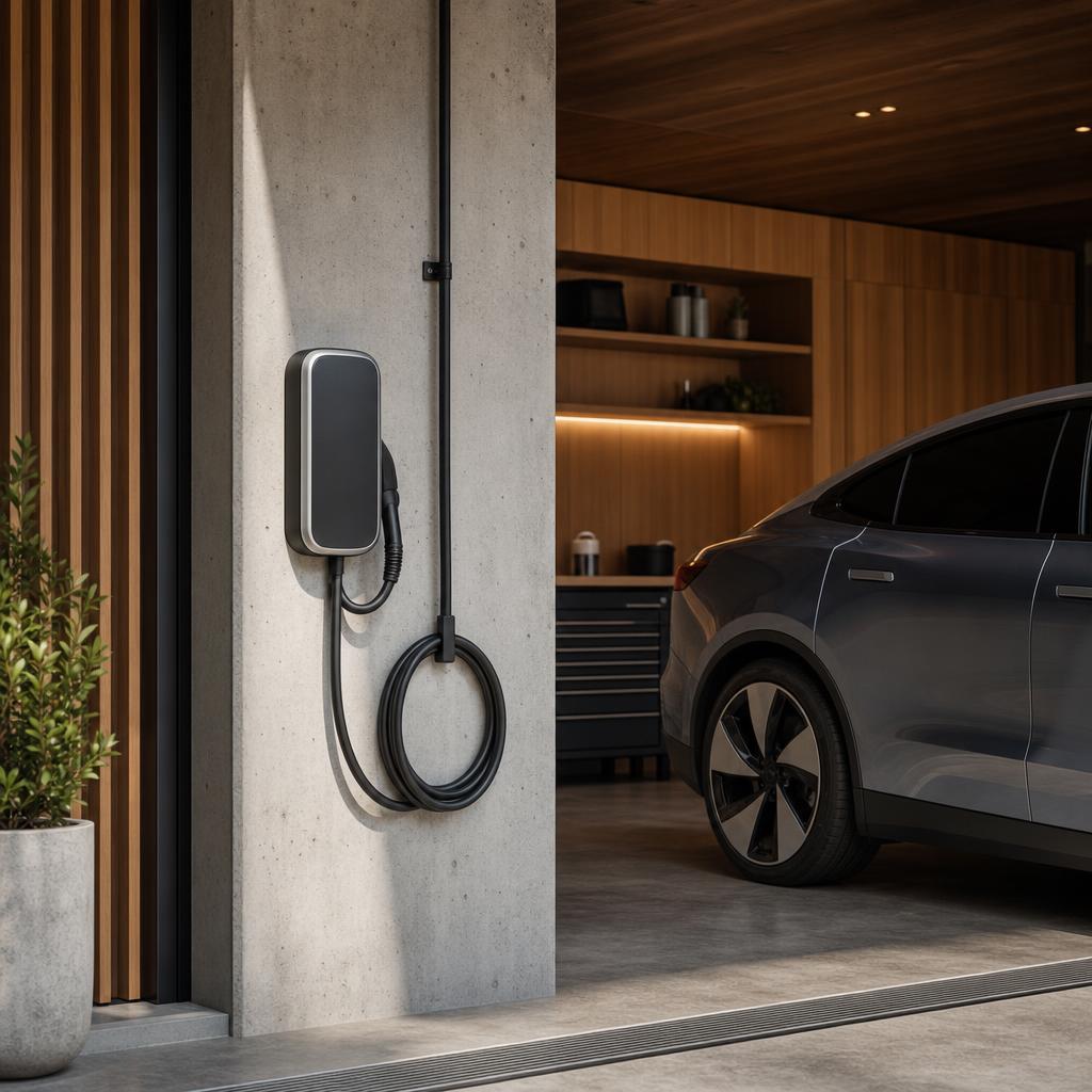 Level 2 EV charger installed in a modern residential garage